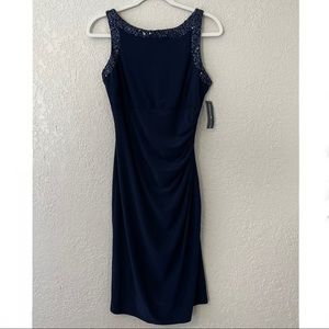 American Living women’s sleeveless sequins gathered sheath dress, 8, navy blue